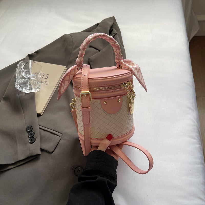 Geantă bucket cilindrică din PU pentru femei, stil elegant, închidere cu fermoar, buzunar pentru documente, curea de umăr simplă