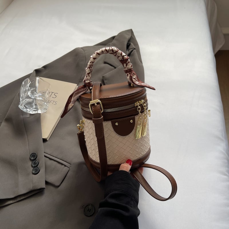 Geantă bucket cilindrică din PU pentru femei, stil elegant, închidere cu fermoar, buzunar pentru documente, curea de umăr simplă