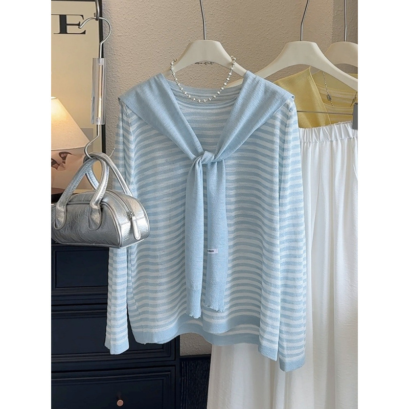 Pletena bluza za zaštitu od sunca s prugama, UPF50+, slim kroj, pulover, poliester