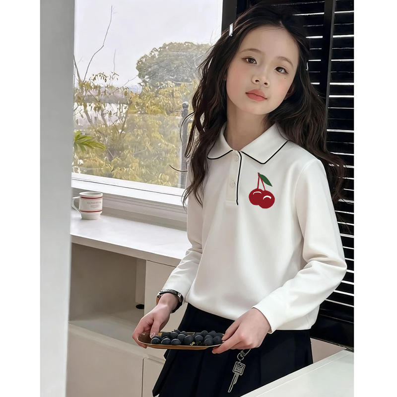 Παιδικό πόλο πουκάμισο για κορίτσια, μακρύ μανίκι, βαμβακερό ύφασμα, σχέδιο καρτούν, άνοιξη και φθινόπωρο