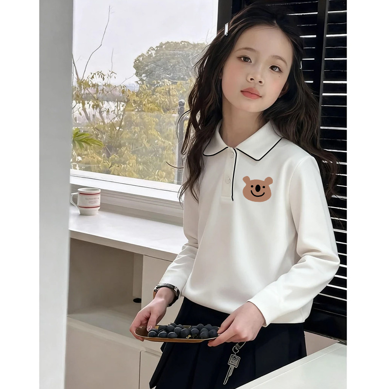 Παιδικό πόλο πουκάμισο για κορίτσια, μακρύ μανίκι, βαμβακερό ύφασμα, σχέδιο καρτούν, άνοιξη και φθινόπωρο