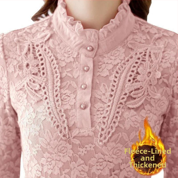 Dámsky základný top s fleisovou podšívkou a čipkou, dlhé rukávy, stojací golier, zmes polyester-amoniový, bežný vzor