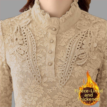 Dámsky základný top s fleisovou podšívkou a čipkou, dlhé rukávy, stojací golier, zmes polyester-amoniový, bežný vzor