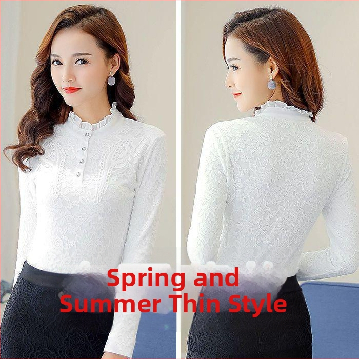 Dámsky základný top s fleisovou podšívkou a čipkou, dlhé rukávy, stojací golier, zmes polyester-amoniový, bežný vzor