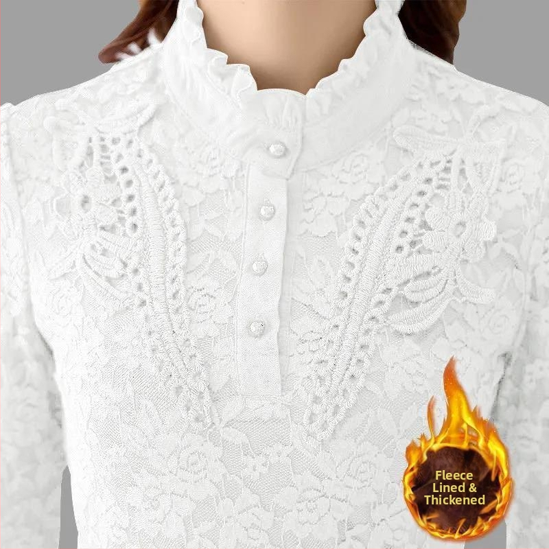 Dámsky základný top s fleisovou podšívkou a čipkou, dlhé rukávy, stojací golier, zmes polyester-amoniový, bežný vzor