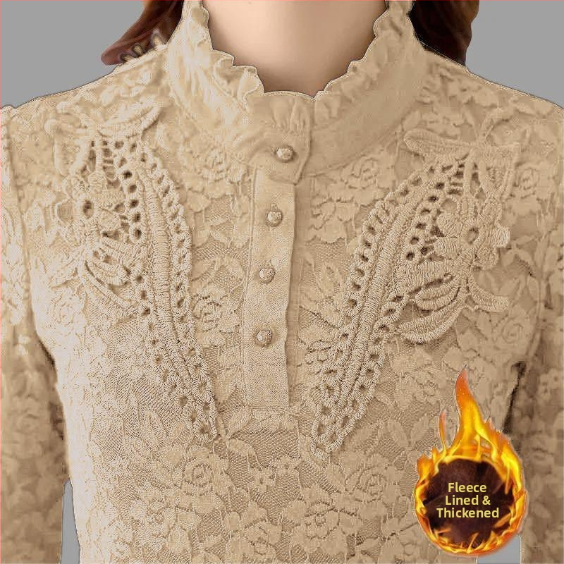 Dámsky základný top s fleisovou podšívkou a čipkou, dlhé rukávy, stojací golier, zmes polyester-amoniový, bežný vzor