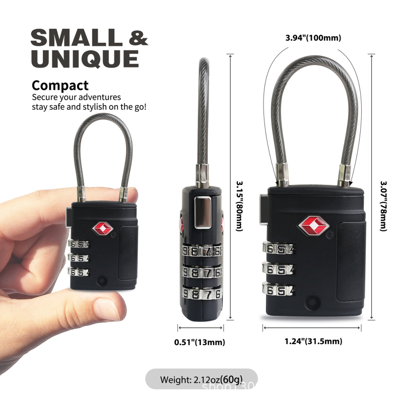 Katanac s kabelom od žice i TSA lozinkom - Model 08ST, cinkovo-legura, Ø 4.0 mm, za kovčege, kolica i ruksak