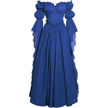 Női középkori retro négyzetes galléros hosszú ruha, derekát szorító corsettel — poliészter/spandex anyagú, színpadi jelmez