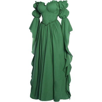 Női középkori retro négyzetes galléros hosszú ruha, derekát szorító corsettel — poliészter/spandex anyagú, színpadi jelmez