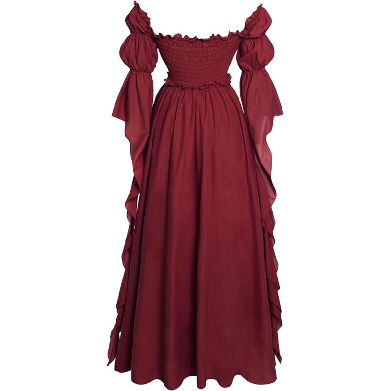 Női középkori retro négyzetes galléros hosszú ruha, derekát szorító corsettel — poliészter/spandex anyagú, színpadi jelmez