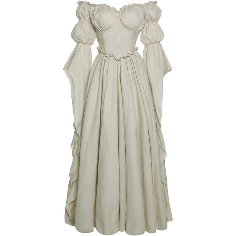 Női középkori retro négyzetes galléros hosszú ruha, derekát szorító corsettel — poliészter/spandex anyagú, színpadi jelmez