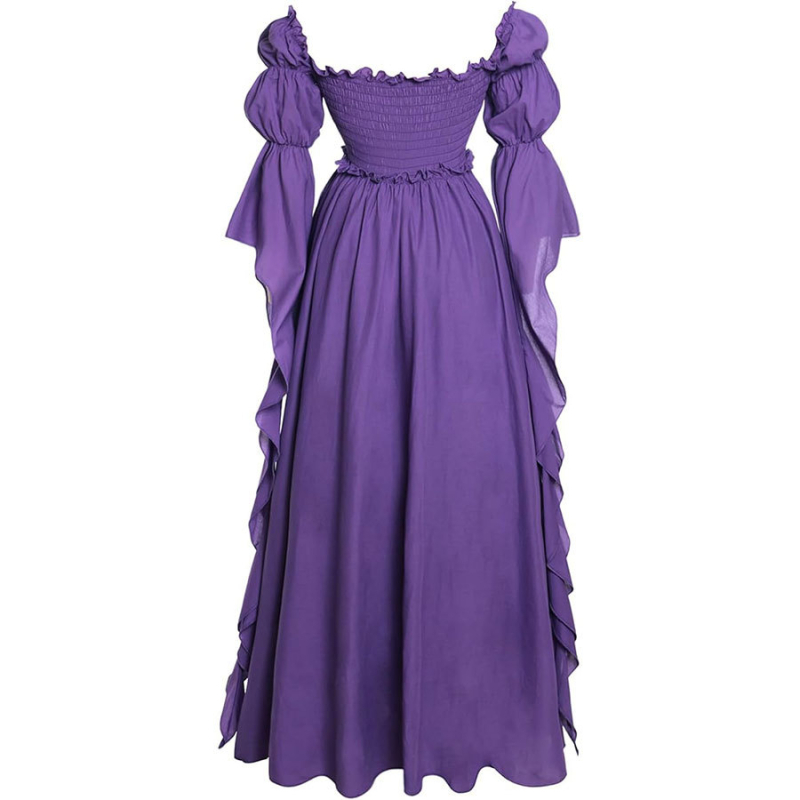 Női középkori retro négyzetes galléros hosszú ruha, derekát szorító corsettel — poliészter/spandex anyagú, színpadi jelmez