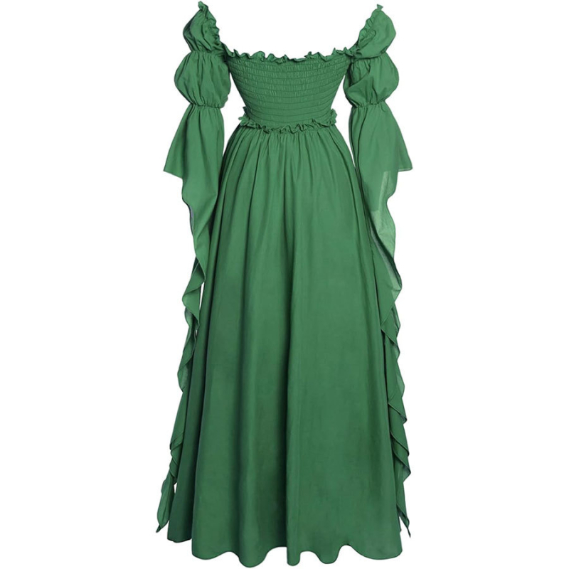 Női középkori retro négyzetes galléros hosszú ruha, derekát szorító corsettel — poliészter/spandex anyagú, színpadi jelmez