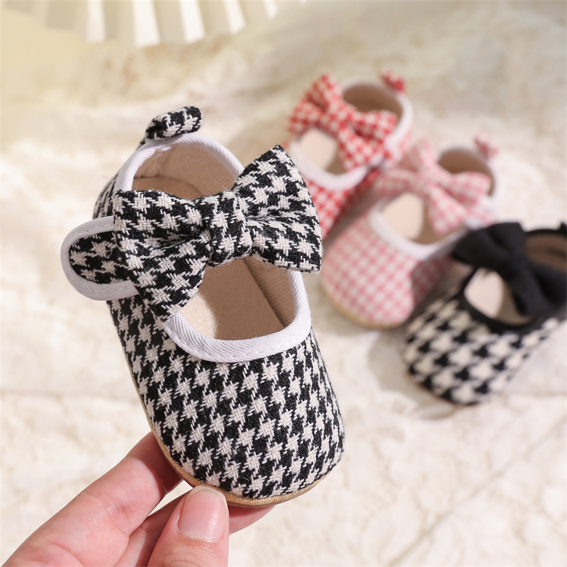 Baba cipő, Hercegnő stílus, Pamut felsőrész, Houndstooth minta, Csúszásmentes puha talp, Velcro-zár