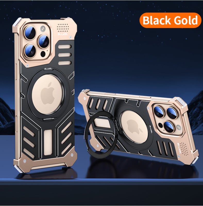 Kryt na iPhone 16 Pro Max z hliníkového zliatiny + PC, CNC opracovanie, odvádzanie tepla, magnetické, 360° otáčajúci držiak