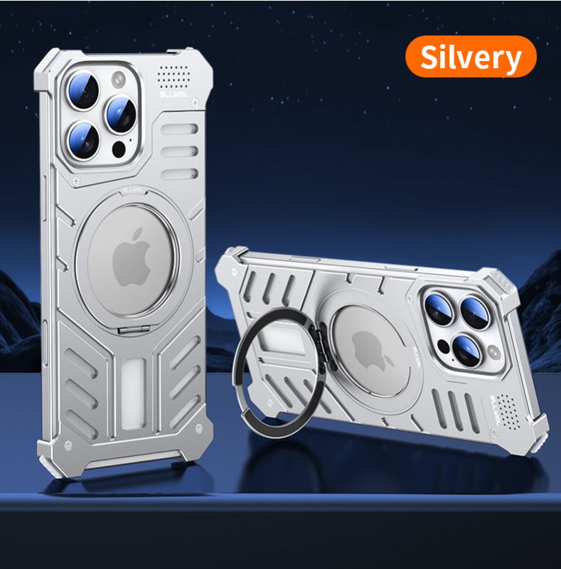 Kryt na iPhone 16 Pro Max z hliníkového zliatiny + PC, CNC opracovanie, odvádzanie tepla, magnetické, 360° otáčajúci držiak
