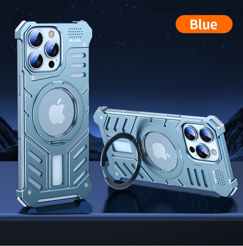 Kryt na iPhone 16 Pro Max z hliníkového zliatiny + PC, CNC opracovanie, odvádzanie tepla, magnetické, 360° otáčajúci držiak