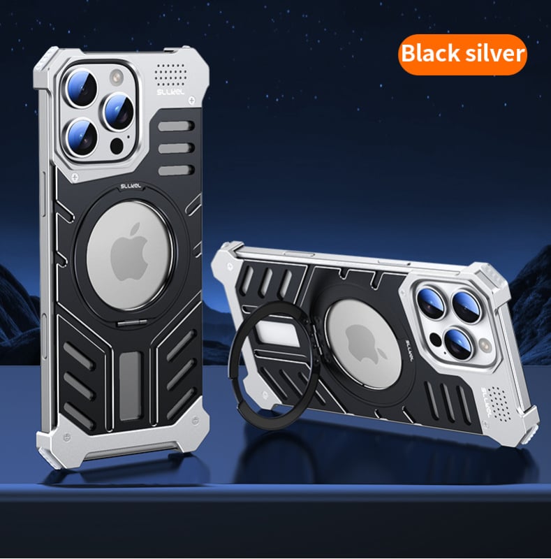 Kryt na iPhone 16 Pro Max z hliníkového zliatiny + PC, CNC opracovanie, odvádzanie tepla, magnetické, 360° otáčajúci držiak