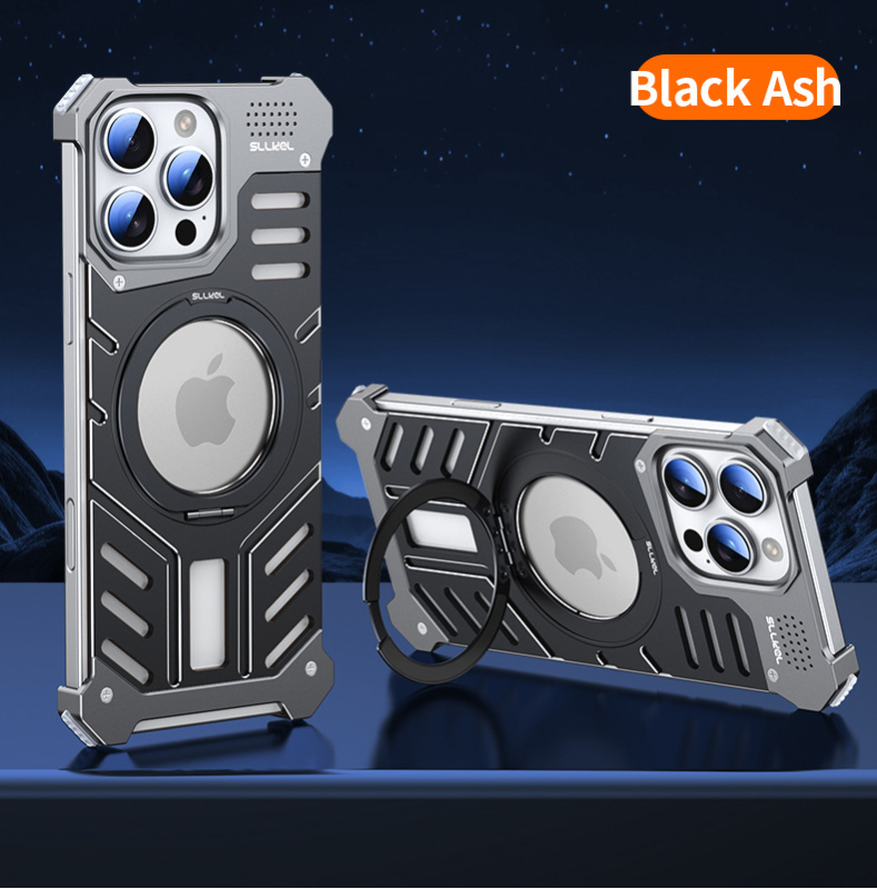 Kryt na iPhone 16 Pro Max z hliníkového zliatiny + PC, CNC opracovanie, odvádzanie tepla, magnetické, 360° otáčajúci držiak