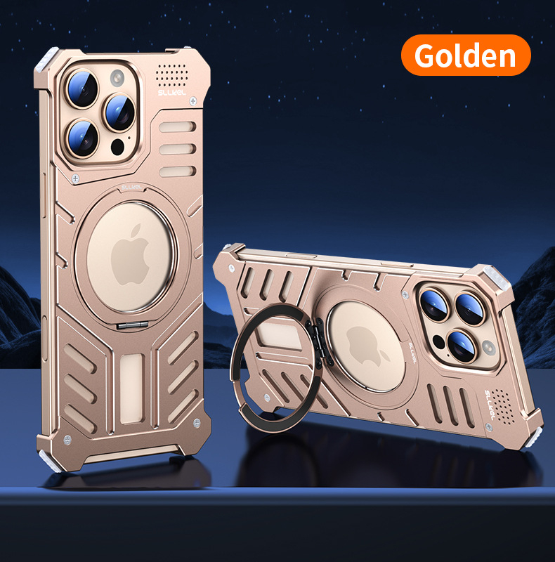 Kryt na iPhone 16 Pro Max z hliníkového zliatiny + PC, CNC opracovanie, odvádzanie tepla, magnetické, 360° otáčajúci držiak