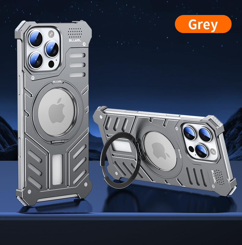 Kryt na iPhone 16 Pro Max z hliníkového zliatiny + PC, CNC opracovanie, odvádzanie tepla, magnetické, 360° otáčajúci držiak