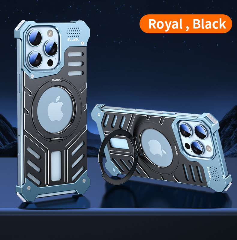 Kryt na iPhone 16 Pro Max z hliníkového zliatiny + PC, CNC opracovanie, odvádzanie tepla, magnetické, 360° otáčajúci držiak