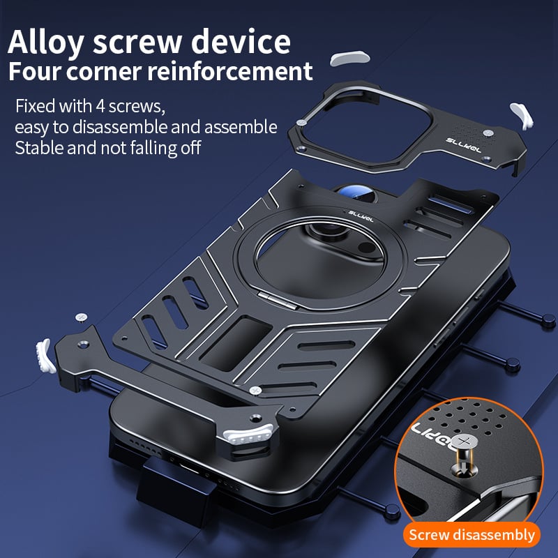 Kryt na iPhone 16 Pro Max z hliníkového zliatiny + PC, CNC opracovanie, odvádzanie tepla, magnetické, 360° otáčajúci držiak