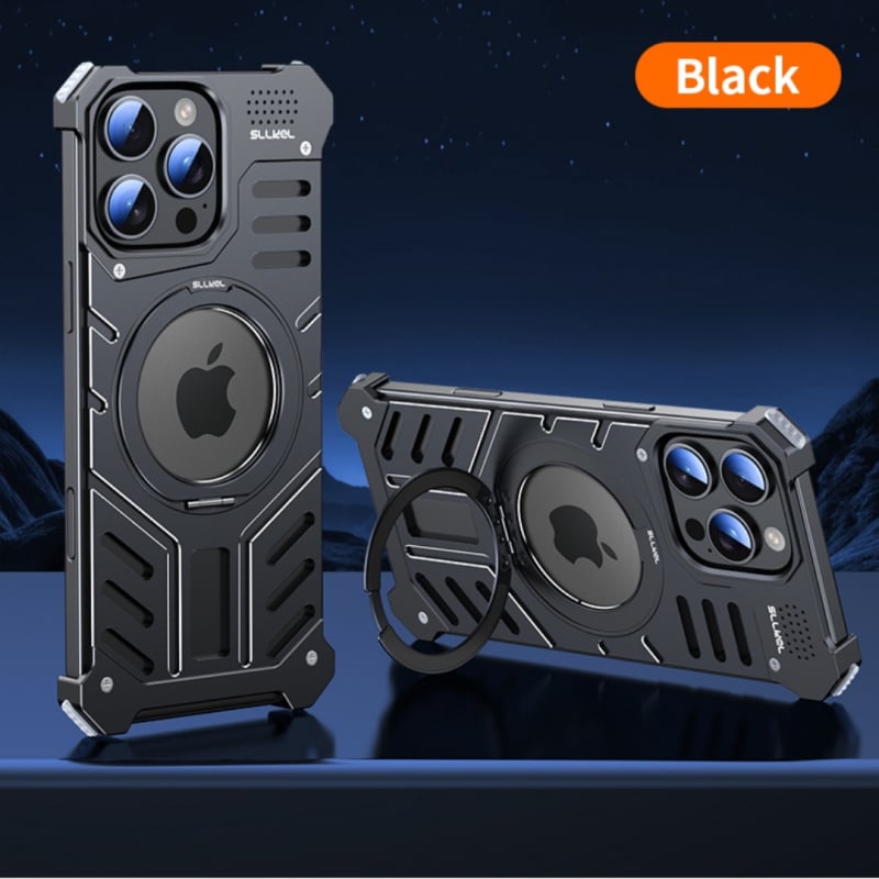 Kryt na iPhone 16 Pro Max z hliníkového zliatiny + PC, CNC opracovanie, odvádzanie tepla, magnetické, 360° otáčajúci držiak