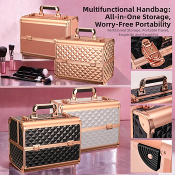 Портативен козметичен калъф с алуминиева рамка, дървен корпус, заключване с ключалка, разширително отделение за домашно съхранение