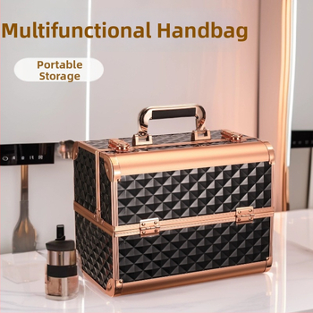 Портативен козметичен калъф с алуминиева рамка, дървен корпус, заключване с ключалка, разширително отделение за домашно съхранение