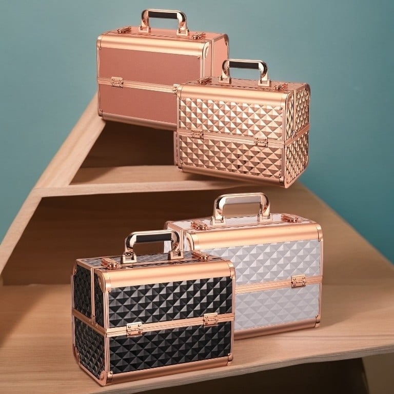 Портативен козметичен калъф с алуминиева рамка, дървен корпус, заключване с ключалка, разширително отделение за домашно съхранение