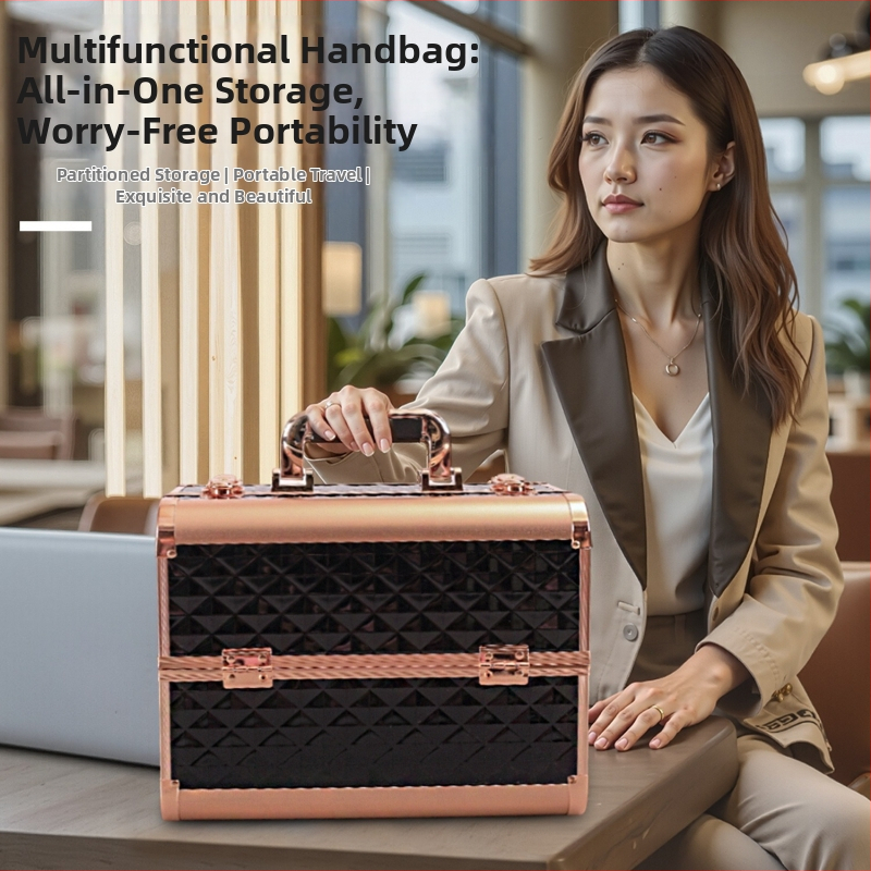 Портативен козметичен калъф с алуминиева рамка, дървен корпус, заключване с ключалка, разширително отделение за домашно съхранение