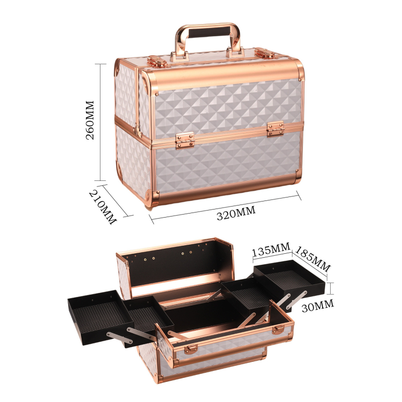 Портативен козметичен калъф с алуминиева рамка, дървен корпус, заключване с ключалка, разширително отделение за домашно съхранение