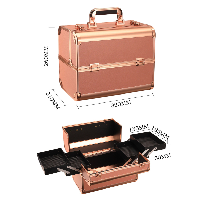 Портативен козметичен калъф с алуминиева рамка, дървен корпус, заключване с ключалка, разширително отделение за домашно съхранение