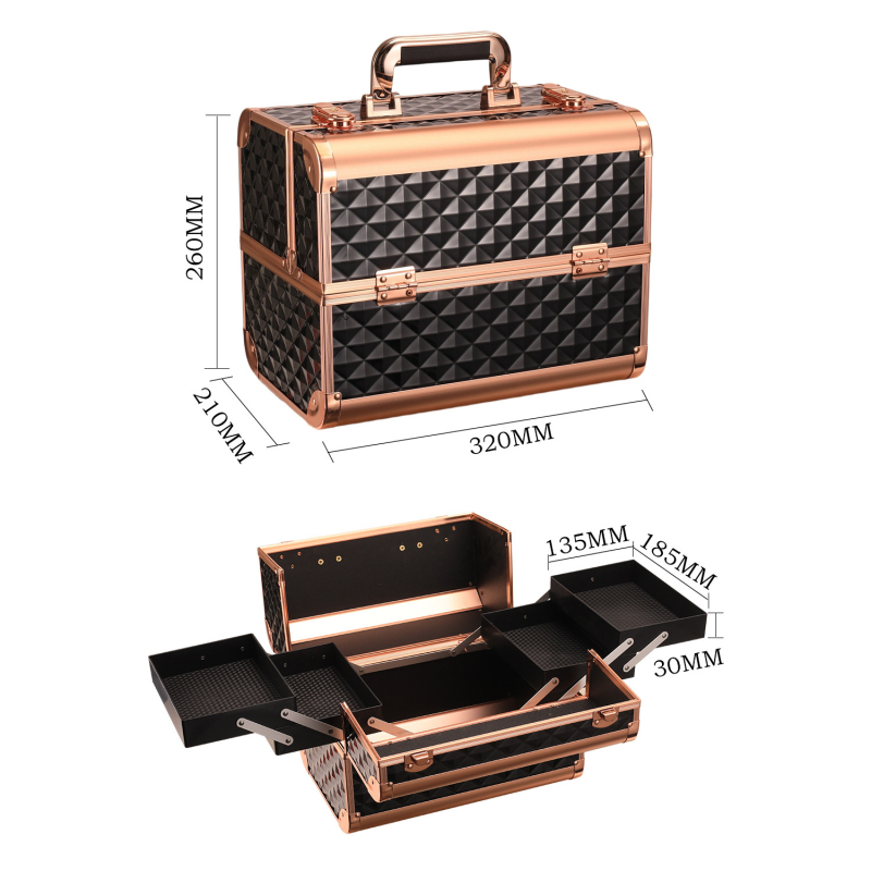 Портативен козметичен калъф с алуминиева рамка, дървен корпус, заключване с ключалка, разширително отделение за домашно съхранение