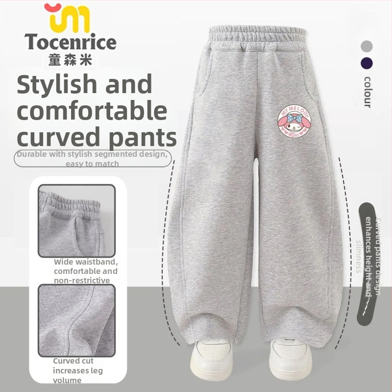 Dievčenské nohavice z kordury s králičou kožušinkou, téma My Melody a Kuromi, kórejský štýl, jar 2025 – vek 3–8 rokov.