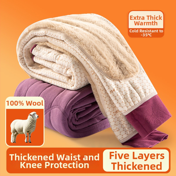 Pantaloni termici unisex din lână 100% cu căptușeală de catifea, trei straturi, talie înaltă, cu protecție pentru genunchi și talie