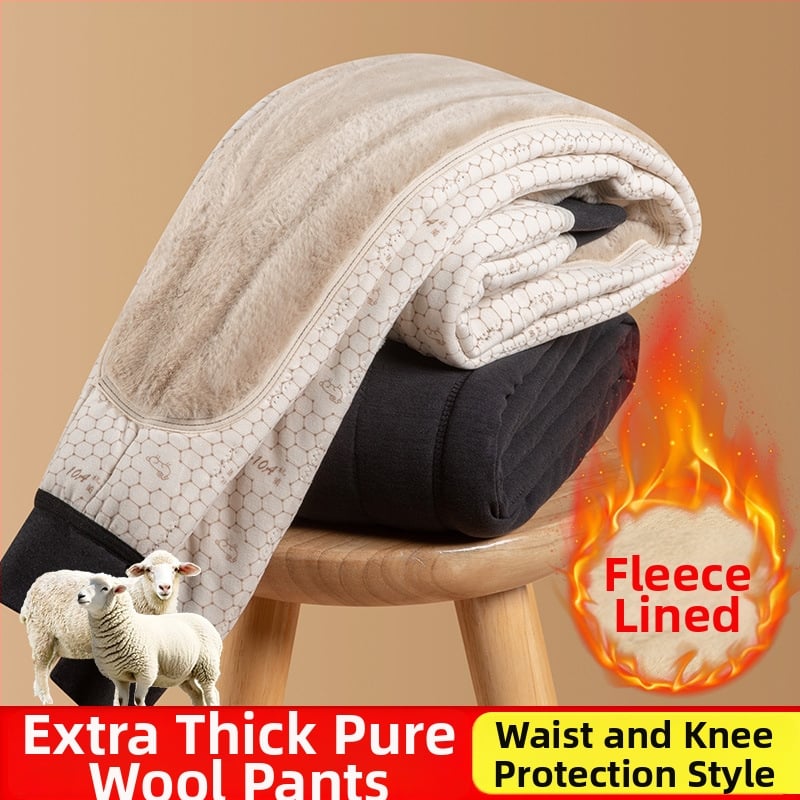 Pantaloni termici unisex din lână 100% cu căptușeală de catifea, trei straturi, talie înaltă, cu protecție pentru genunchi și talie