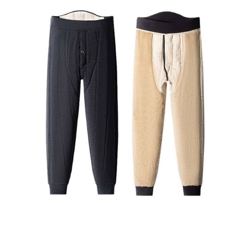 Pantaloni termici unisex din lână 100% cu căptușeală de catifea, trei straturi, talie înaltă, cu protecție pentru genunchi și talie