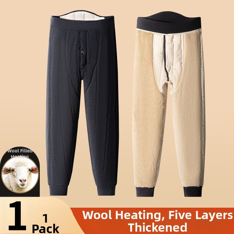 Pantaloni termici unisex din lână 100% cu căptușeală de catifea, trei straturi, talie înaltă, cu protecție pentru genunchi și talie
