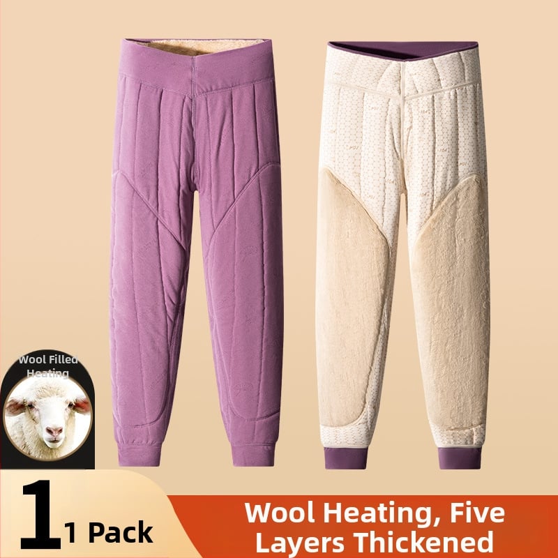 Pantaloni termici unisex din lână 100% cu căptușeală de catifea, trei straturi, talie înaltă, cu protecție pentru genunchi și talie