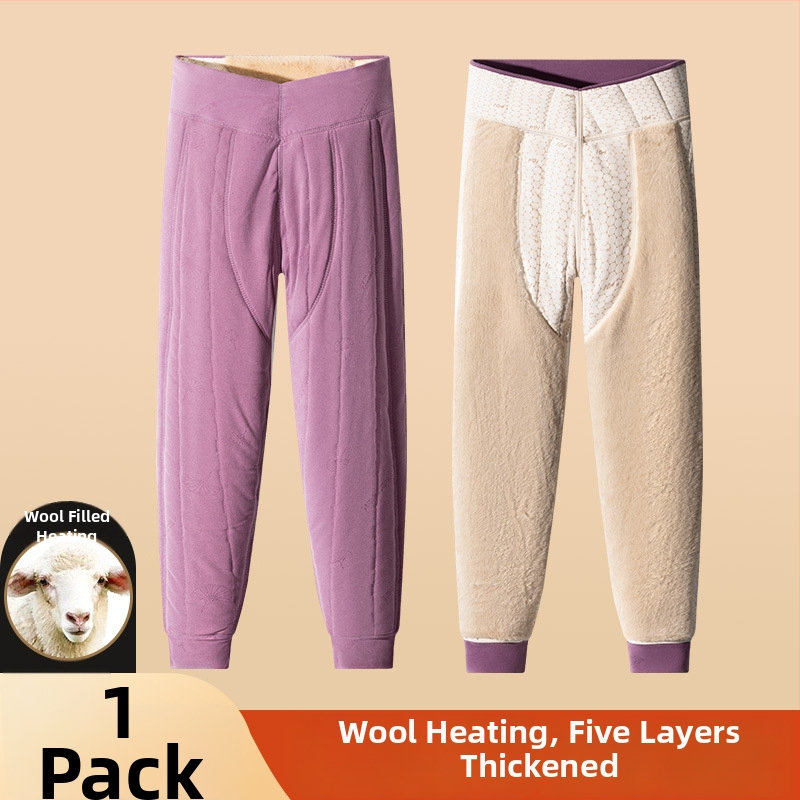 Pantaloni termici unisex din lână 100% cu căptușeală de catifea, trei straturi, talie înaltă, cu protecție pentru genunchi și talie