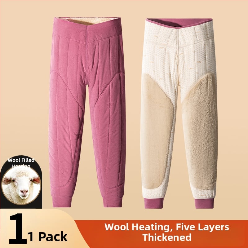 Pantaloni termici unisex din lână 100% cu căptușeală de catifea, trei straturi, talie înaltă, cu protecție pentru genunchi și talie