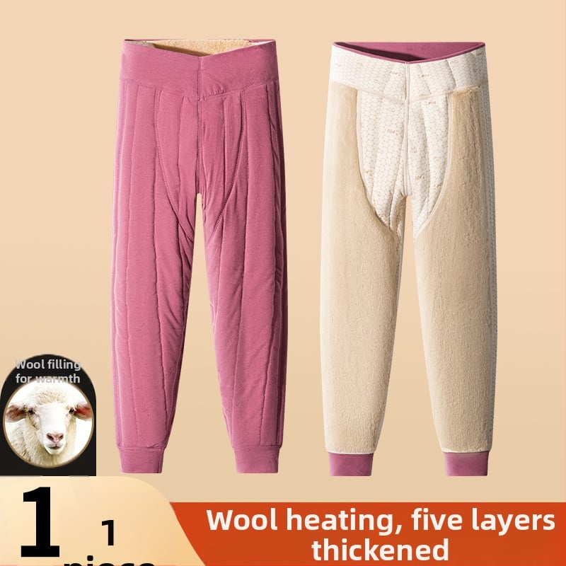 Pantaloni termici unisex din lână 100% cu căptușeală de catifea, trei straturi, talie înaltă, cu protecție pentru genunchi și talie