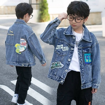 Παιδικό τζιν μπουφάν για αγόρια - γιακάς πόλο, ύφασμα τζιν/βαμβάκι, κλείσιμο με μία σειρά κουμπιών, για παιδιά 8+ ετών