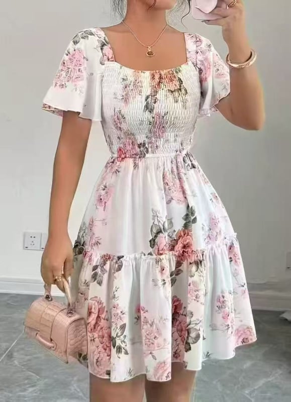Haljina s boho printom, otvorenim ramenima, plisirana, kratkim rukavima, poliester