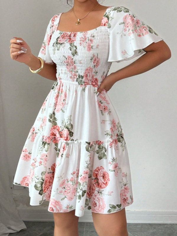 Haljina s boho printom, otvorenim ramenima, plisirana, kratkim rukavima, poliester