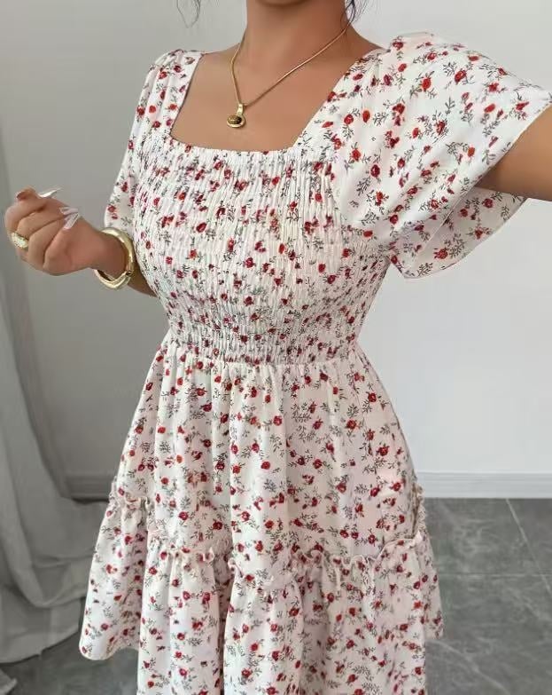 Haljina s boho printom, otvorenim ramenima, plisirana, kratkim rukavima, poliester