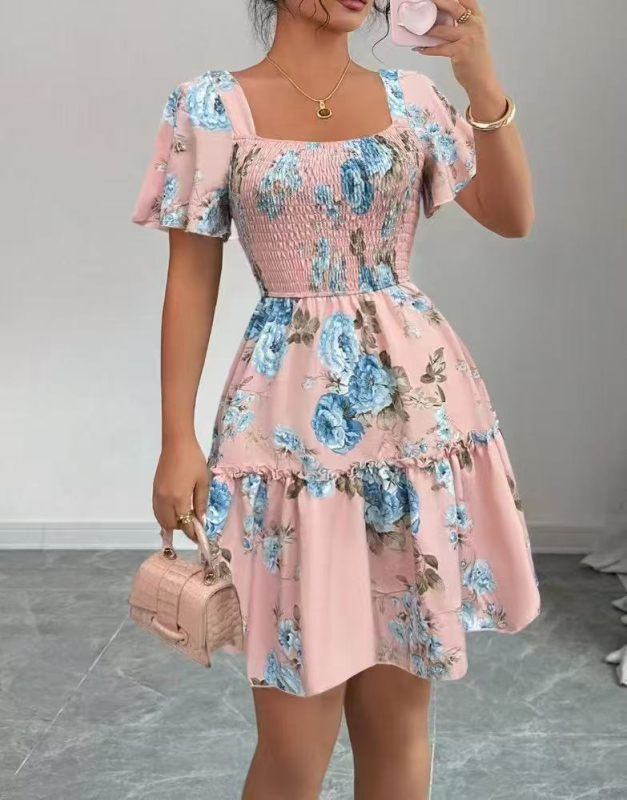 Haljina s boho printom, otvorenim ramenima, plisirana, kratkim rukavima, poliester