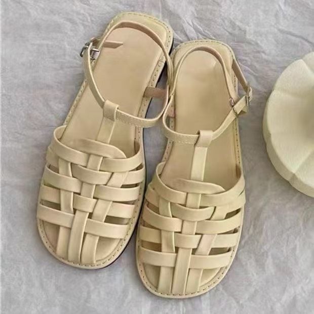 Sandale romane cu partea superioară din PU, vârf rotund, talpă din cauciuc, închidere cu cataramă